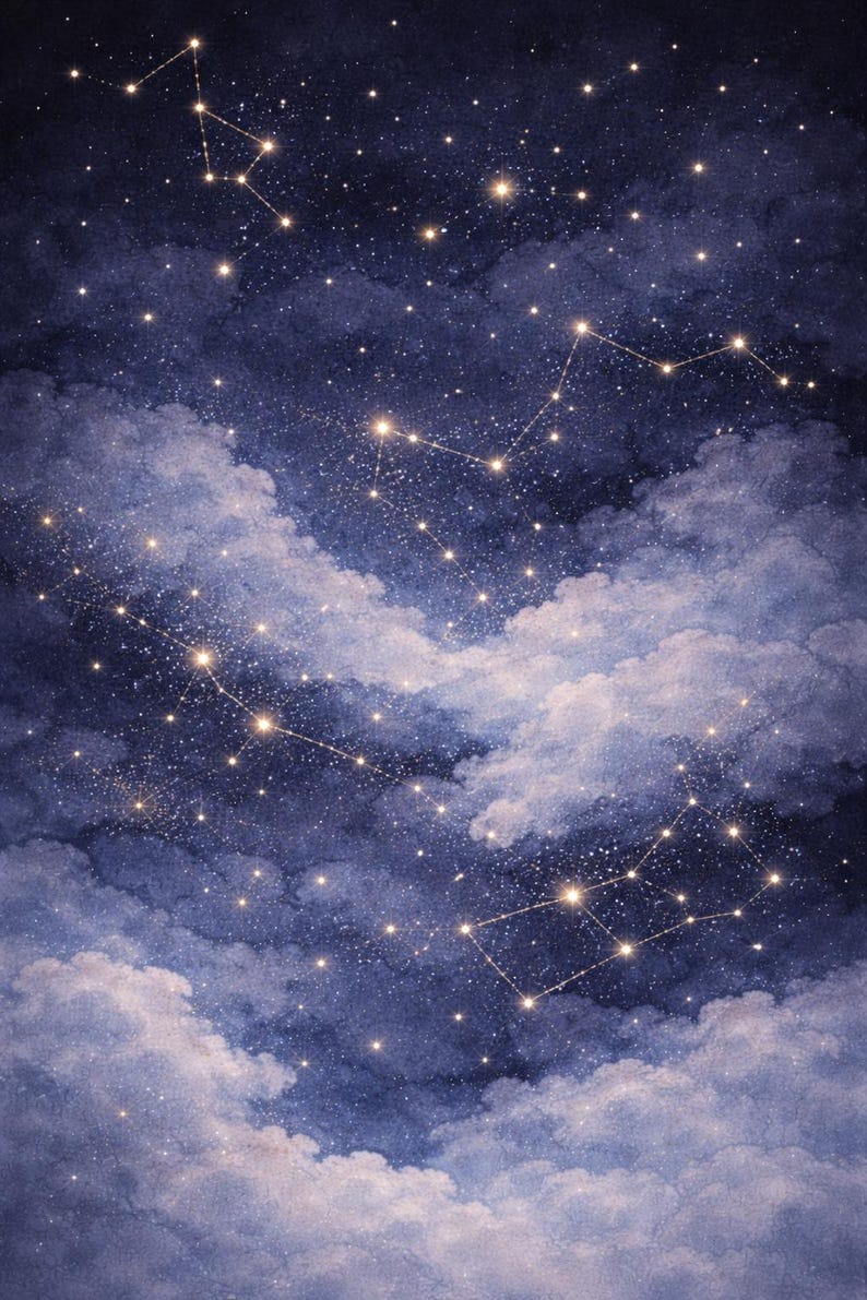 Celestial Night Sky Wall Art Set • Blue & Gold Constellations, Moon and ...