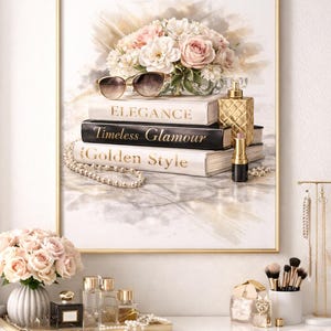 Glam Fashion Book Stack Print – Luxury Perfume & Peony Artwork | Chic Office Decor | Closet Aesthetic Wall Art | Black Gold Fashion