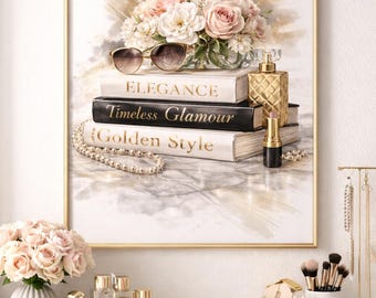 Glam Fashion Book Stack Print – Luxury Perfume & Peony Artwork | Chic Office Decor | Closet Aesthetic Wall Art | Black Gold Fashion
