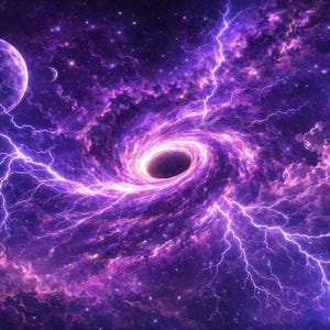 May include: Digital art depicting a cosmic scene with a black hole at the center, surrounded by swirling purple and pink nebulae. Lightning-like energy streaks across the image, with planets and stars scattered throughout.