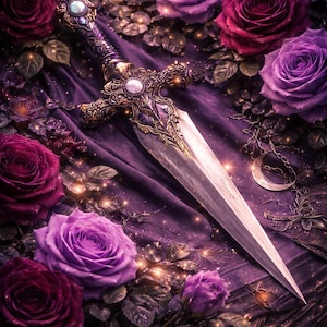 May include: An ornate dagger with a silver blade and a detailed gold and purple hilt, resting on a bed of purple fabric and surrounded by deep red and purple roses. A crescent moon charm hangs nearby.