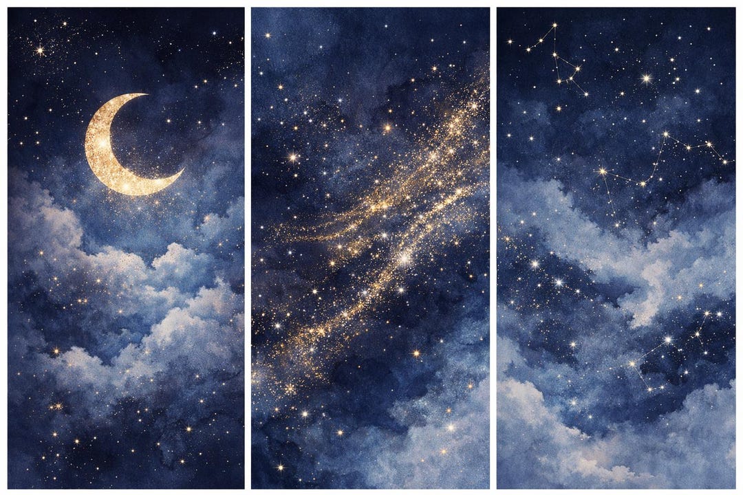 Celestial Night Sky Wall Art Set • Blue & Gold Constellations, Moon and ...