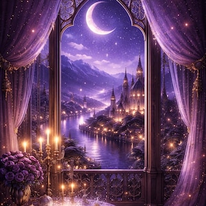 May include: A romantic, fantasy-themed image featuring a moonlit castle scene viewed through a window with purple curtains. A table with a book, candles, and flowers is in the foreground. The scene is illuminated with soft, warm light.