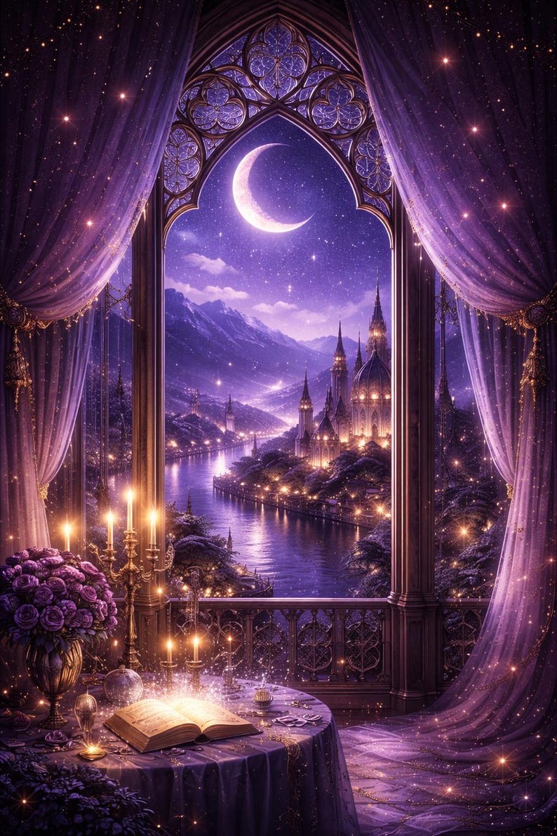 May include: A fantasy scene showing a castle by a river under a crescent moon, viewed through a window with purple drapes. A table with a book, candles, and flowers is in the foreground. The scene is lit with soft, warm light.