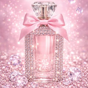 May include: A luxurious perfume bottle with a diamond-cut stopper and a pink satin bow. The bottle is embellished with sparkling crystals and rests on a bed of pink glitter, with diamond-shaped gems scattered around. The background is a soft pink with glitter.