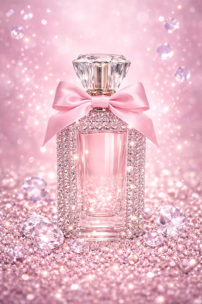 May include: A luxurious perfume bottle with a diamond-cut stopper and a pink satin bow. The bottle is embellished with sparkling crystals and rests on a bed of pink glitter, with diamond-shaped gems scattered around. The background is a soft pink with glitter.