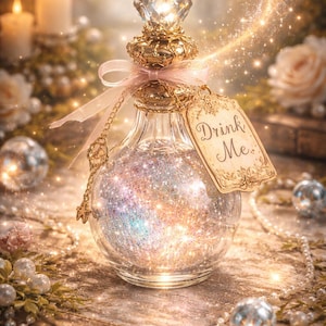 May include: A decorative glass bottle filled with sparkling glitter, featuring a crystal stopper and gold detailing. A pink ribbon and a tag with the words "Drink Me" are attached. The bottle is surrounded by candles, pearls, and flowers, creating a magical, whimsical aesthetic.