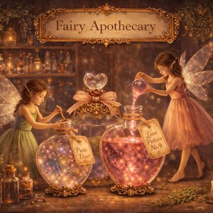 May include: An illustration of a fairy apothecary with two fairies, one in a green dress and the other in a pink dress, working with potion bottles. The sign above reads "Fairy Apothecary". One bottle is labeled "Pixie Dust" and the other "Love Potion No. 9".