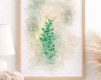 Green Butterfly Wall Art, Feminine Line Art Print, Ethereal Butterfly Girl, Emerald Butterfly Decor, Minimalist Wall Art, Digital Download