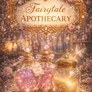 Op de afbeelding: Afbeelding van een sprookjesapotheek met de tekst "Fairytale Apothecary" boven drie sierlijke glazen flessen en potten. De flessen zijn gevuld met roze glitter en hebben decoratieve stoppers. Een label op een fles luidt "Drink Me."