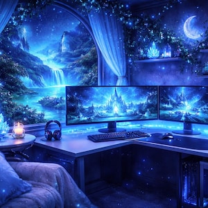 May include: A fantasy-themed computer setup with dual monitors displaying a castle scene. The room is illuminated with blue light, featuring a window with a waterfall view, crystals, and a crescent moon. A cozy chair and desk complete the scene.