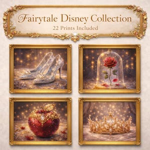 Könnte beinhalten: Vier gerahmte Drucke mit Märchenmotiven. Sie zeigen ein Paar glitzernde High Heels, eine Rose unter einer Glaskuppel, einen Juwelenapfel und eine goldene Krone. Der obere Rahmen trägt die Aufschrift "Fairytale Disney Collection, 22 Prints Included."