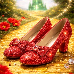 May include: A pair of red glitter high-heeled shoes with bow details. Each shoe has a gemstone on the bow. The background shows a yellow brick road, red poppies, and a rainbow, with a view of a distant city.