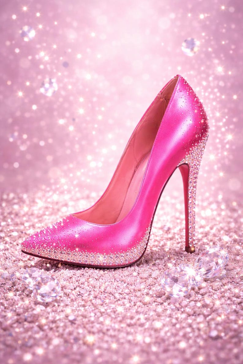May include: A bright pink high-heeled shoe with a pointed toe, adorned with glitter along the edges and heel. The stiletto heel is also covered in glitter. The shoe is set against a shimmering pink background.