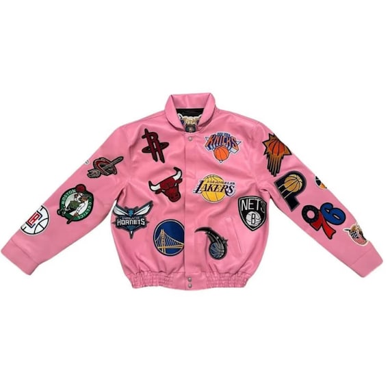 Pink NBA Teams Collage Jeff Hamilton Leather Jacket New Arrival