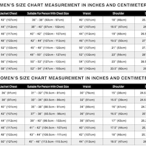 May include: A size chart for men's and women's clothing, displaying measurements in inches and centimeters. The chart includes jacket chest, waist, shoulder, sleeve, and length measurements for various sizes, from XS to XXXXL.