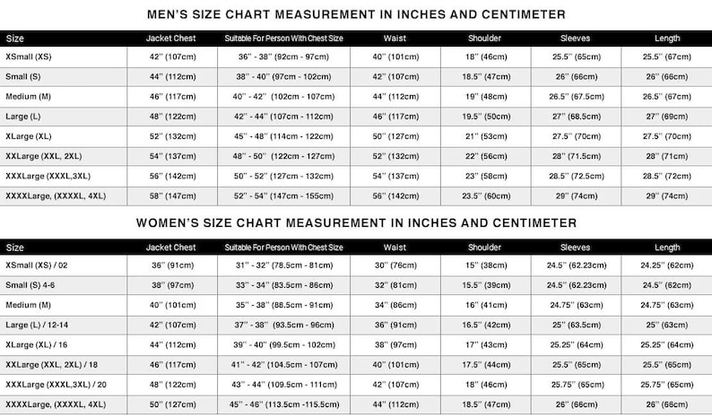May include: A size chart for men's and women's clothing, displaying measurements in inches and centimeters. The chart includes jacket chest, waist, shoulder, sleeve, and length measurements for various sizes, from XS to XXXXL.