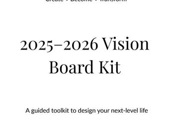 May include: White background with text: "THE NOVA METHOD", "Create • Become • Transform", and "2025-2026 Vision Board Kit". Includes a guided toolkit description and a logo. Gold star graphic in the upper left corner.