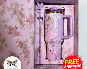 Happy Thoughts Lavender Floral 40oz Quencher Flowstate H2.0 Tumbler Cup And Gift Box, Cute Insulated Travel Cup with Straw