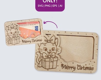 Archivo láser SVG "Regalo" de Feliz Navidad: Empaque para tarjetas de regalo | Tarjeta de dinero | Gato navideño | Porta tarjetas de regalo | Regalo navideño de gato
