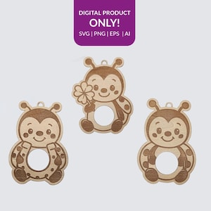May include: Three wooden ladybug cutouts with a circular opening in the center. One ladybug holds a four-leaf clover. The ladybugs are light brown with darker brown spots and details. The image includes the text "DIGITAL PRODUCT ONLY! SVG | PNG | EPS | AI".