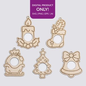 May include: Five wooden Christmas ornaments in various shapes: a candle, a stocking, a gift bag on a sleigh, a Christmas tree, and a bell. Each ornament has a circular cutout in the center. The top-left corner has a purple rectangle with the text "DIGITAL PRODUCT ONLY! SVG | PNG | EPS | AI".