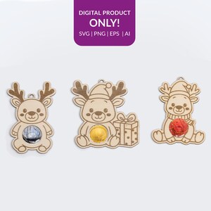 Archivo láser de colgantes de renos (juego de 3) para bombones Lindt | Juego de renos navideños en formato SVG | Archivo digital para corte láser navideño imagen 2