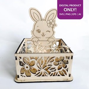 Puede incluir: Una cesta de Pascua de madera con un recorte de conejito guiñando un ojo. La cesta tiene un diseño floral y está llena de paja. La imagen incluye el texto "DIGITAL PRODUCT ONLY!" e información del tipo de archivo.