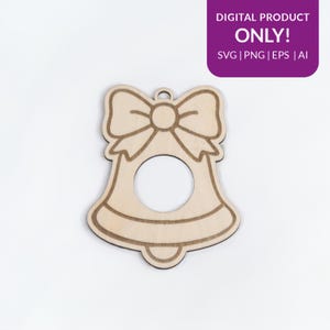May include: A wooden bell-shaped ornament with a bow at the top and a circular opening in the center. The ornament is light brown with a darker brown outline. The text "DIGITAL PRODUCT ONLY!" is in a purple rectangle.