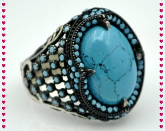 Herren Ring 925 Sterling Silber türkischen handgemachten Schmuck natürlichen Türkis