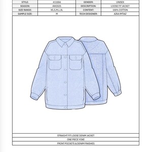 May include: A technical spec sheet for a light blue denim jacket labeled CICADAS. The document includes a front and back view illustration of the loose fit jacket, featuring a collar, button-down front, two chest pockets, and long sleeves.