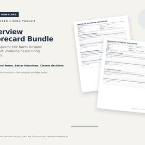 Pode incluir: Um kit de ferramentas de contratação estruturado para download digital intitulado Interview Scorecard Bundle, com 10 formulários PDF específicos para cargos. O documento exibe duas páginas brancas de avaliação de candidatos.