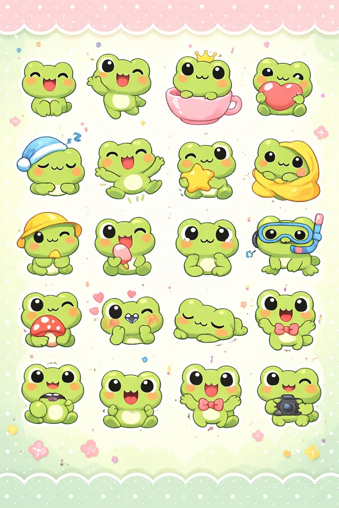Kawaii Frog Sticker Sheet | 20 Cute Frog Stickers | Chibi Frog ...