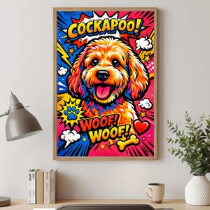 Stampa Pop Art di un Cockapoo, illustrazione di un cane in stile fumetto dai colori vivaci, moderna decorazione murale per animali domestici.