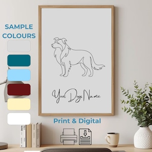 May include: A framed print featuring a minimalist line drawing of a dog. The artwork includes the text "Your Dogs Name" in cursive, and "Print & Digital" below. Sample color swatches are shown on the left. The print is displayed on a desk with a plant and a mug.