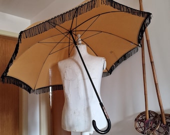 Vintage Sonnenschirm aus Baumwolle mit Quasten - Schwarz & Senfgelb – Hochzeitsfoto prop - Regenschirm - Made in Germany