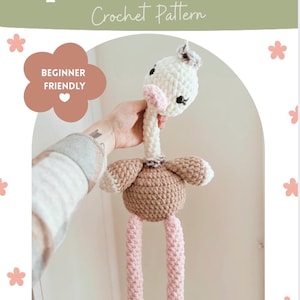 Może przedstawiać: Wzór szydełkowy zatytułowany Ophelia Ostrich od A Little Loops Co, z etykietą beginner friendly. Obraz przedstawia ręcznie robioną pluszową strusię z kremową głową, brązowym okrągłym tułowiem oraz długimi jasnoróżowymi nogami i stopami.