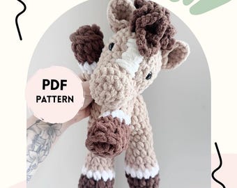 May include: A crocheted horse lovey in shades of beige and brown, with white accents on the legs. The text "HORSE LOVEY Crochet Pattern" and "PDF PATTERN" are displayed. The horse has a fluffy mane and a friendly expression.