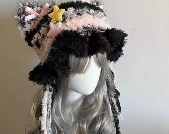 SPIRITHOODS / Black Faux Fur Cat Ear Bucket Hat / Goth Emo Whimsigoth Winter Black & Purple Cat Ear Hood Hat - Plush and Warm - Etsy main image 4
