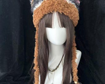 Handmade Brown & Black Pom-Pom Cat Ear Hat — Vintage Floral Mixed Color Winter Women’s Outdoor Accessory Warm Hat