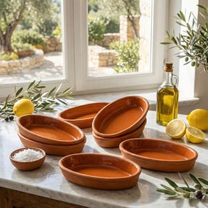 Może przedstawiać: Kolekcja owalnych naczyń do serwowania z terakoty, ułożonych na marmurowym blacie. Obecna jest również mała miska z solą, oliwą z oliwek i cytrynami. W tle widać okno z widokiem na ogród.