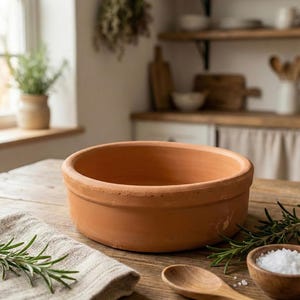 May include: A terracotta-colored, round, shallow bowl sits on a wooden table. A linen napkin with rosemary sprigs, a wooden spoon, and a small wooden bowl of salt are also on the table. The background shows a kitchen setting.