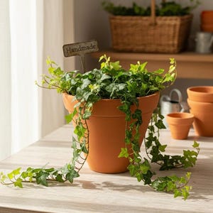 Könnte beinhalten: Ein terrakottafarbener Topf mit grünem Efeu. Ein kleines Schild mit der Aufschrift "Handmade" befindet sich im Topf. Die Ranken des Efeus ranken über die Seiten des Topfes. Weitere Terrakottatöpfe und ein Weidenkorb sind im Hintergrund.