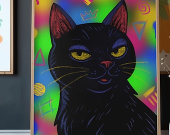 Pop Art Black Cat Portrait – Neon 90s Wall Print (Digital Download)