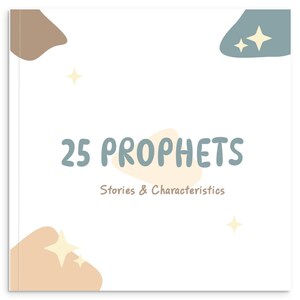 Könnte beinhalten: Ein quadratischer Buchumschlag mit weißem Hintergrund, der den Text 25 PROPHETS in großen blauen Buchstaben und Stories & Characteristics in kleineren braunen Buchstaben zeigt. Das Design enthält abstrakte Formen in Beige, Braun und Blau mit gelben Sternen.