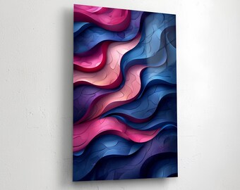 May include: Abstract art print featuring flowing, layered shapes in shades of pink, blue, and purple. The artwork has a textured appearance, with a dynamic, wave-like design. The canvas is mounted on a white wall.