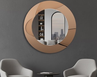 Round Mirror Wall Art, Modern Circle Mirror Decor for Bedroom Living Room or Hallway, Elegant Minimal Interior