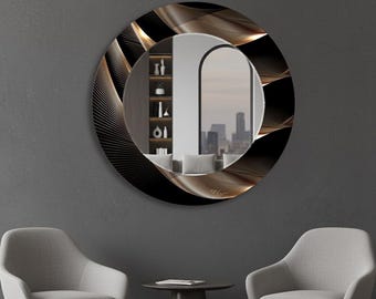 Espejo de pared redondo moderno: marco negro y bronce, decoración minimalista