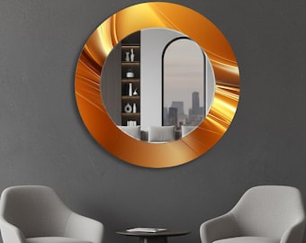 Peut inclure: Un miroir mural rond avec un cadre doré et un motif ondulé décoratif. Le miroir reflète une pièce avec une fenêtre et une vue sur le paysage urbain. Le cadre mesure environ 7,6 cm de large.