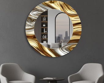 Peut inclure: Miroir mural rond avec un motif tourbillonnant doré et argenté décoratif sur le bord. Le miroir reflète une pièce avec une fenêtre, des meubles et une vue sur le paysage urbain. Le miroir est accroché à un mur gris.